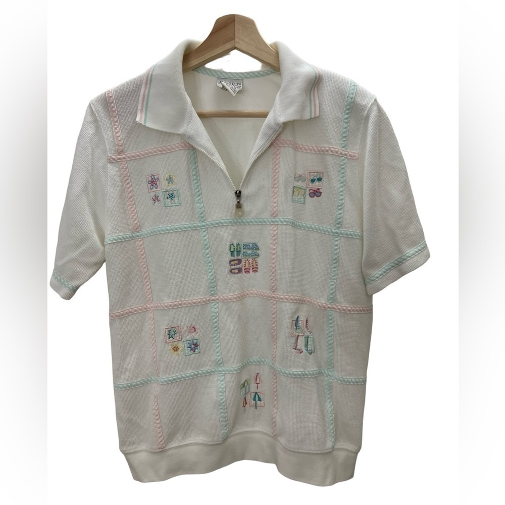Vintage 80s Beach Grandma Pastel Polo Short Sleeve Top Size Medium 90s